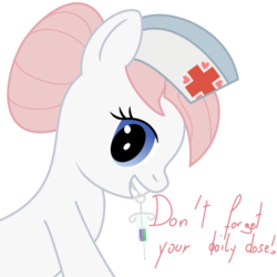 Size: 774x774 | Tagged: safe, artist:kalas17, nurse redheart, earth pony, pony, g4, female, looking at you, mare, mouth hold, solo, syringe