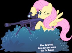 Size: 800x589 | Tagged: safe, artist:maishida, fluttershy, pegasus, pony, g4, barrett m82, bipedal, black background, brush, female, flutterbadass, gun, hooves, mare, one eye closed, optical sight, rifle, simple background, sniper, sniper rifle, snipershy, solo, spread wings, weapon, wings