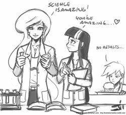 Size: 800x733 | Tagged: safe, artist:johnjoseco, derpy hooves, princess celestia, twilight sparkle, human, g4, blushing, clothes, cute, dialogue, female, grayscale, humanized, lab coat, lesbian, monochrome, muffin, science, ship:twilestia, shipping, smiling, that pony sure does love science
