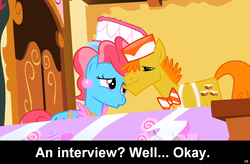 Size: 1024x671 | Tagged: safe, carrot cake, cup cake, earth pony, pony, comic:celestia's servant interview, g4, caption, duo, female, interview, male, mare, ship:carrot cup, shipping, stallion, straight