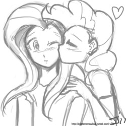 Size: 1280x1280 | Tagged: safe, artist:johnjoseco, fluttershy, pinkie pie, human, g4, cheek kiss, duo, female, grayscale, humanized, kissing, lesbian, monochrome, ship:flutterpie, shipping