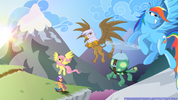 Size: 1366x768 | Tagged: safe, artist:primogenitor34, fluttershy, gilda, rainbow dash, scootaloo, tank, griffon, pony, g4, wallpaper