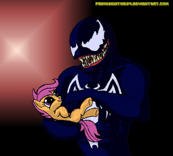 Size: 1178x1064 | Tagged: dead source, safe, artist:primogenitor34, scootaloo, pony, g4, bellyrubs, crossover, cute, cutealoo, duo, holding a pony, male, spider-man, venom