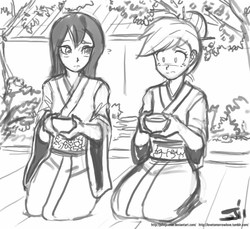 Size: 800x733 | Tagged: safe, artist:johnjoseco, applejack, rarity, human, g4, awkward, chopsticks in hair, grayscale, green tea, humanized, kimono (clothing), kneeling, monochrome, tea