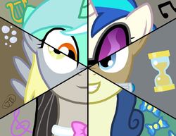 Size: 960x742 | Tagged: safe, artist:the-kinetic, bon bon, derpy hooves, dj pon-3, doctor whooves, lyra heartstrings, octavia melody, sweetie drops, time turner, vinyl scratch, earth pony, pegasus, pony, unicorn, g4, background six, female, male, mare, stallion