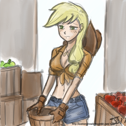 Size: 800x800 | Tagged: safe, artist:johnjoseco, artist:michos, applejack, human, g4, belly button, clothes, daisy dukes, female, front knot midriff, humanized, midriff, solo, tired