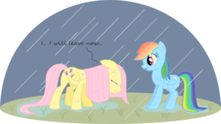 Size: 955x540 | Tagged: safe, fluttershy, rainbow dash, pegasus, pony, fanfic:chasing rainbows, g4, crying, fanfic, female, lesbian, rain, sad, ship:flutterdash, shipping, simple background, transparent background