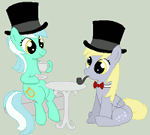 Size: 150x135 | Tagged: safe, artist:tomdantherock, derpy hooves, lyra heartstrings, pegasus, pony, g4, animated, classy, duo, female, hat, mare, pipe, simple background, tea, tomdantherock is trying to murder us, top hat