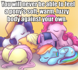 Size: 699x624 | Tagged: safe, applejack, fluttershy, pinkie pie, rainbow dash, rarity, twilight sparkle, g4, cute, dashabetes, diapinkes, image macro, jackabetes, meme, meta, raribetes, shyabetes, sleeping, twiabetes, you will never x