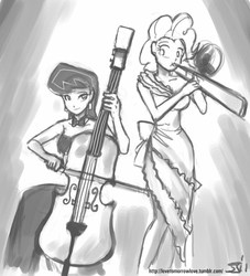 Size: 909x1000 | Tagged: safe, artist:johnjoseco, octavia melody, pinkie pie, human, g4, grayscale, humanized, monochrome