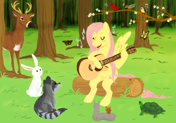 Size: 981x688 | Tagged: safe, artist:cartoonlion, angel bunny, fluttershy, bird, butterfly, deer, pegasus, pony, rabbit, raccoon, squirrel, tortoise, g4, guitar, singing