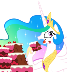 Size: 863x926 | Tagged: safe, princess celestia, alicorn, pony, g4, cake, cakelestia, concave belly, d:, eating, female, frown, hoof hold, mare, messy eating, open mouth, simple background, slender, solo, thin, transparent background, vector, wide eyes