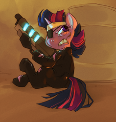 Size: 600x634 | Tagged: safe, artist:frostadflakes, twilight sparkle, pony, unicorn, g4, barrel, energy weapon, eyepatch, female, future twilight, gun, hoof hold, hooves, horn, lip bite, mare, plasma rifle, scared, solo, weapon