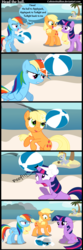 Size: 512x1536 | Tagged: safe, artist:coltsteelstallion, applejack, derpy hooves, rainbow dash, twilight sparkle, earth pony, pegasus, pony, unicorn, g4, ball, beach, comic, female, floppy ears, mare, unicorn twilight