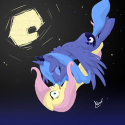 Size: 900x900 | Tagged: safe, artist:alacar988, fluttershy, princess luna, g4, female, lesbian, moon, s1 luna, ship:lunashy, shipping