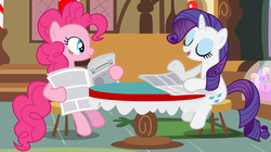 Size: 9800x5500 | Tagged: safe, artist:drfatalchunk, pinkie pie, rarity, earth pony, pony, unicorn, g4, ponyville confidential, absurd resolution, duo, duo female, female, mare, newspaper, vector