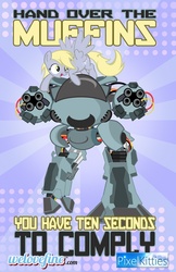 Size: 517x800 | Tagged: safe, artist:pixelkitties, derpy hooves, pegasus, pony, g4, clothes, crossover, ed-209, female, gun, mare, muffin, robocop, shirt, shirt design, t-shirt, welovefine