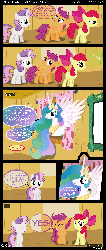 Size: 1700x4000 | Tagged: safe, artist:diegotan, apple bloom, princess celestia, queen chrysalis, scootaloo, sweetie belle, changeling, earth pony, pegasus, pony, unicorn, g4, animated, comic, cutie mark crusaders, disguise, disguised changeling, female, filly, gif