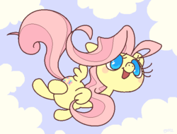 Size: 601x457 | Tagged: safe, artist:askloveletters, fluttershy, pegasus, pony, g4, cloud, cloudy, female, flying, mare, open mouth, sky, smiling, solo, spread wings, wings