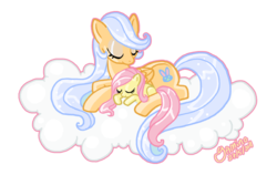 Size: 800x505 | Tagged: safe, artist:yamino, fluttershy, oc, pegasus, pony, g4, cloud, female, filly, mare, mother, parent, simple background, transparent background