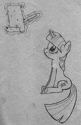 Size: 1519x2343 | Tagged: safe, artist:splitframe, twilight sparkle, pony, unicorn, g4, female, glowing horn, horn, magic, mare, newbie artist training grounds, pencil drawing, quill, scroll, sitting, smiling, solo, telekinesis, traditional art, unicorn twilight, writing