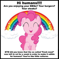 Size: 653x654 | Tagged: safe, pinkie pie, g4, eyes closed, fake, happy, image macro, meat, meta, mouthpiece, rainbow, text