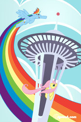 Size: 533x800 | Tagged: safe, artist:alienfirst, fluttershy, rainbow dash, pegasus, pony, g4, contrail, female, mare, seaddle, seattle, space needle