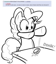 Size: 754x863 | Tagged: safe, artist:shoutingisfun, pinkie pie, earth pony, pony, g4, 4chan, 4chan screencap, drop, female, monochrome, pun, solo, spaghetti, visual pun