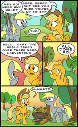 Size: 554x900 | Tagged: safe, artist:spainfischer, applejack, derpy hooves, earth pony, pegasus, pony, g4, apple, apple tree, comic, derp, derpy being derpy, dialogue, duo, english, female, helping, how, humor, mare, open mouth, orchard, outdoors, pineapple, proud, random, shocked, smiling, speech bubble, spread wings, startled, surprised, talking, tree, wat, wings, working