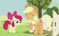 Size: 680x420 | Tagged: safe, screencap, apple bloom, applejack, earth pony, pony, sheep, g4, sisterhooves social, animated, apple sisters, duo, female, filly, high five, mare, siblings, sisters