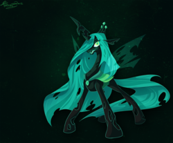 Size: 800x661 | Tagged: dead source, safe, artist:frostadflakes, queen chrysalis, changeling, changeling queen, g4, crown, fangs, female, glowing, hair over one eye, jewelry, regalia, smiling, solo, standing