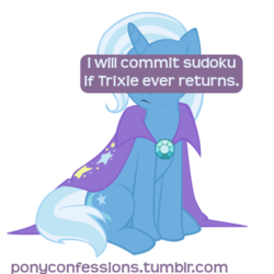 Size: 500x500 | Tagged: safe, trixie, pony, unicorn, g4, :<, commit sudoku, female, hilarious in hindsight, implied suicide, malapropism, mare, pony confession, pun, seppuku, simple background, sitting, solo, sudoku, transparent background