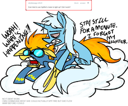 Size: 1053x877 | Tagged: safe, artist:ghost, spitfire, trixie, pegasus, pony, unicorn, ask trixie, g4, ask, ask-stoned-trixie, bloodshot eyes, cloud, drugs, duo, joint, marijuana, stoned trixie, tumblr