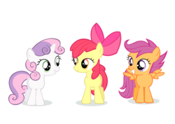 Size: 3493x2474 | Tagged: safe, artist:kna, apple bloom, scootaloo, sweetie belle, earth pony, pegasus, pony, unicorn, g4, apple bloom's bow, bow, cutie mark crusaders, female, filly, foal, grin, hair bow, high res, looking at each other, looking at someone, simple background, smiling, smiling at each other, spread wings, transparent background, trio, trio female, vector, wings