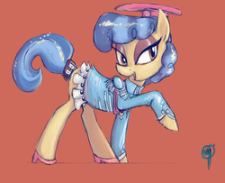 Size: 1288x1048 | Tagged: safe, artist:uber-tastee, sapphire shores, earth pony, pony, g4, clothes, eyeshadow, female, heels on a horse, high heels, looking at you, makeup, mare, open mouth, shoes, solo, the beatles