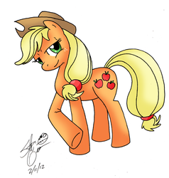 Size: 1065x1118 | Tagged: safe, artist:theflamingalberto, applejack, earth pony, pony, g4, crossed hooves, female, looking at you, simple background, solo