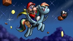 Size: 1366x768 | Tagged: dead source, safe, artist:yalcahoon, rainbow dash, human, pegasus, pony, g4, crossover, duo, humans riding ponies, male, mario, night, riding, super mario bros.