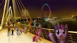 Size: 2732x1536 | Tagged: safe, artist:yalcahoon, applejack, fluttershy, pinkie pie, rainbow dash, rarity, spike, twilight sparkle, dragon, human, pegasus, pony, unicorn, g4, 3d, butt, england, female, london, male, mane seven, mane six, mare, night, plot, united kingdom