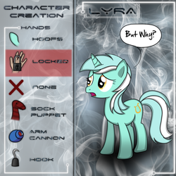 Size: 1280x1280 | Tagged: safe, artist:photonicsoup, lyra heartstrings, pony, unicorn, g4, cannon, female, hand, hook, sock puppet, solo