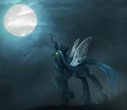 Size: 1615x1402 | Tagged: dead source, safe, artist:opheleus, queen chrysalis, changeling, changeling queen, g4, crown, fangs, female, jewelry, looking up, moon, raised hoof, regalia, smiling, solo, standing