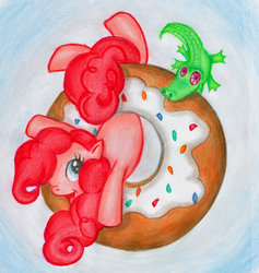 Size: 800x845 | Tagged: safe, artist:salahir, gummy, pinkie pie, alligator, earth pony, pony, g4, blue background, colored pencil drawing, donut, duo, female, food, giant food, hair over one eye, male, mare, simple background, traditional art