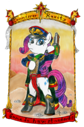 Size: 800x1196 | Tagged: safe, artist:salahir, rarity, pony, g4, bipedal, boots, clothes, coat, colored pencil drawing, commissar, commissar hat, dexterous hooves, female, hoof hold, human pose, laspistol, mare, shoes, solo, traditional art, warhammer (game), warhammer 40k