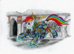 Size: 800x582 | Tagged: safe, artist:salahir, rainbow dash, pony, g4, armor, assault squad, colored pencil drawing, crossover, female, hidden wings, iron halo, mare, power armor, power fist, purity seal, solo, traditional art, warhammer (game), warhammer 40k