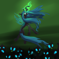 Size: 2000x2000 | Tagged: source needed, safe, artist:ponygoggles, queen chrysalis, changeling, changeling queen, g4, crown, female, glowing, glowing horn, high res, horn, jewelry, regalia