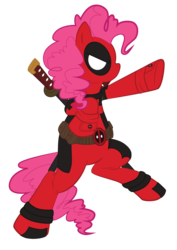 Size: 595x842 | Tagged: safe, artist:tiakaneko, pinkie pie, earth pony, pony, g4, clothes, cosplay, costume, crossover, deadpool, female, marvel, pinkiepool, simple background, solo, transparent background