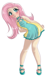 Size: 395x658 | Tagged: safe, artist:smokeflare, fluttershy, human, g4, blushing, clothes, dress, female, humanized, looking at you, simple background, solo, transparent background