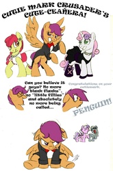 Size: 831x1260 | Tagged: safe, artist:rannva, apple bloom, diamond tiara, scootaloo, silver spoon, sweetie belle, earth pony, pegasus, pony, unicorn, g4, angry, black dress, choker, clothes, dress, ear piercing, earring, floppy ears, glasses, hoof shoes, jewelry, laughing, necklace, piercing, spiked choker, suit, suitaloo, teasing, tuxedo