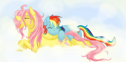 Size: 1224x600 | Tagged: safe, artist:cartoonlion, fluttershy, rainbow dash, g4, bed mane, cloud, cloudy, cuddling, female, lesbian, morning ponies, ship:flutterdash, shipping, sleeping, snuggling, yawn