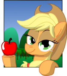 Size: 446x503 | Tagged: safe, artist:cgeta, applejack, pony, g4, apple, female, fourth wall, obligatory apple, solo