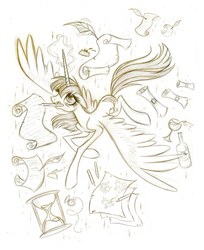 Size: 1304x1600 | Tagged: safe, artist:lauren faust, oc, oc only, oc:fausticorn, alicorn, pony, bottle, feather, female, glass, hourglass, lauren faust, mare, monochrome, mouth hold, quill, scroll, sketch, spread wings, wine, wings